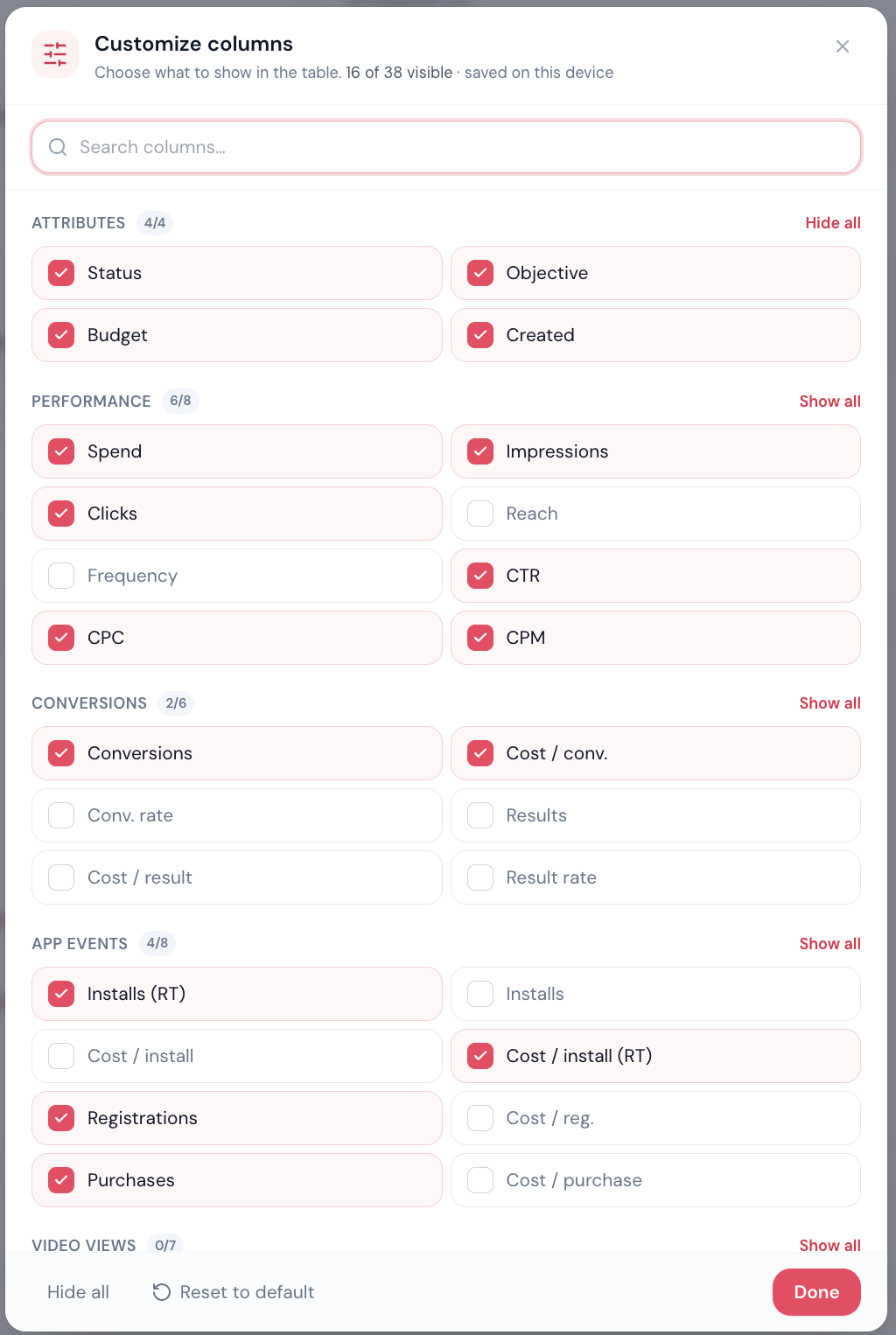 Customize columns — spend, CTR, conversions