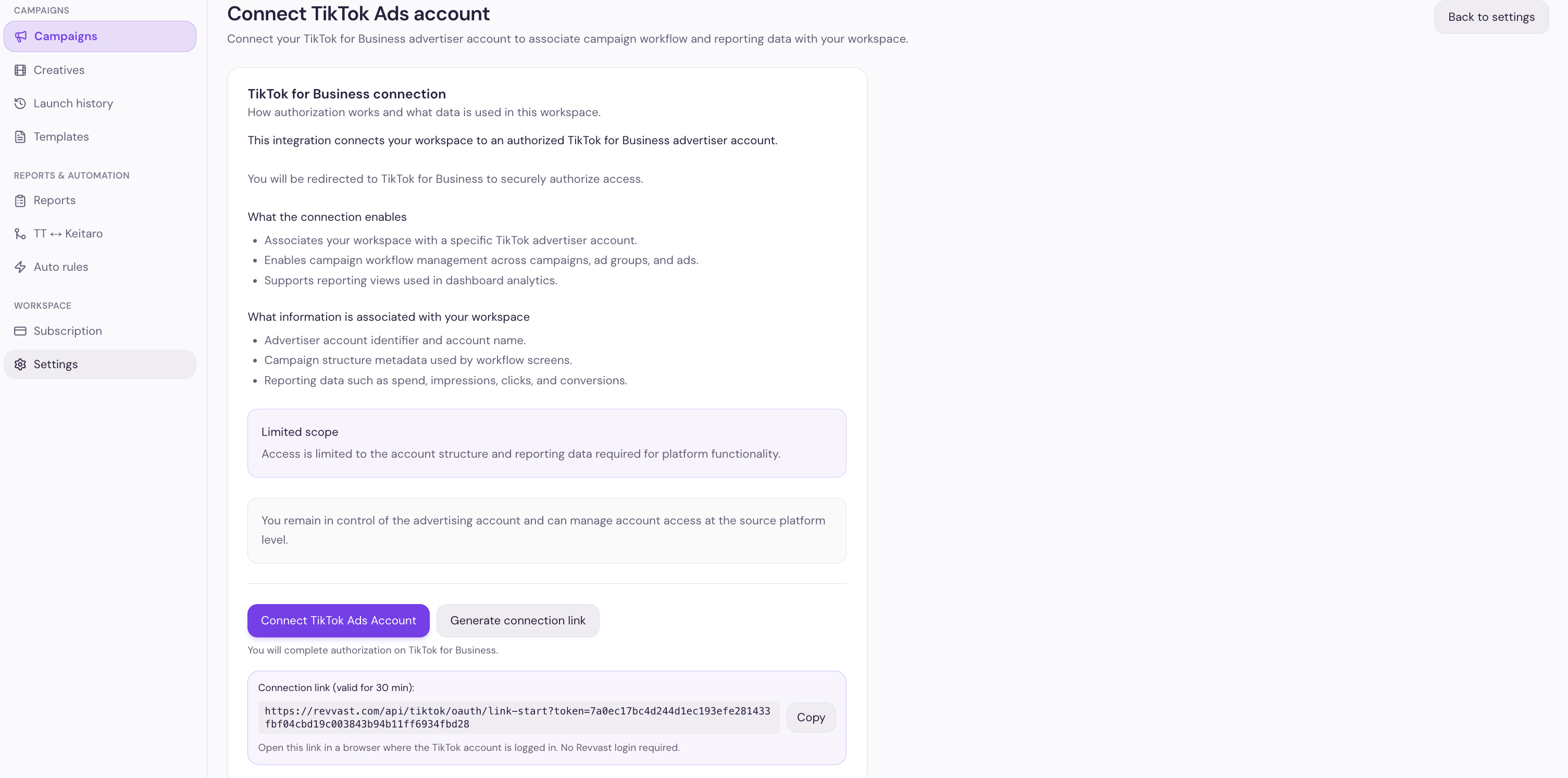 Connect TikTok — Generate connection link